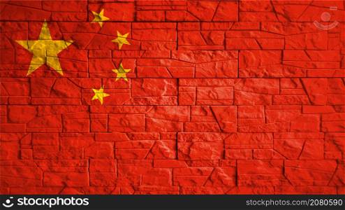 China flag with gray stone wall tiles texture. Texture of old poster back with China flag. Web banner template for industrial design. Vector