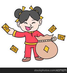 china girl distributes gift envelopes of money with big sacks