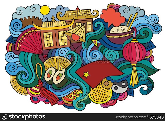 China hand drawn cartoon doodles illustration. Funny travel design. Creative art vector background. Chinese symbols, elements and objects. Colorful composition. China hand drawn cartoon doodles illustration. Funny travel design.
