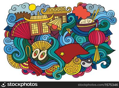 China hand drawn cartoon doodles illustration. Funny travel design. Creative art vector background. Chinese symbols, elements and objects. Colorful composition. China hand drawn cartoon doodles illustration. Funny travel design.