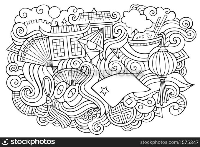 China hand drawn cartoon doodles illustration. Funny travel design. Creative art vector background. Chinese symbols, elements and objects. Line art composition. China hand drawn cartoon doodles illustration. Funny travel design.