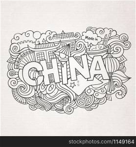 China hand lettering and doodles elements background. Vector illustration. China hand lettering and doodles elements background