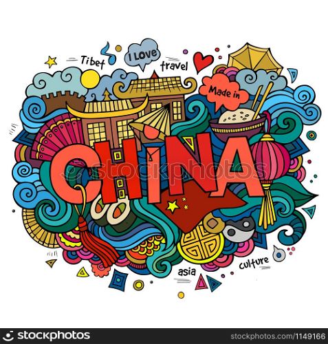 China hand lettering and doodles elements background. Vector illustration