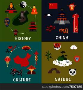 China history, culture and nature flat icons with flag and map, temples, Great Wall, chinese cuisine and tea ceremony, dragon, fan, lantern, calligraphy, animals, lotus and bamboo. China history, culture and nature icons