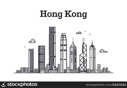 China hong kong city skyline. Architecture landmarks and buildings vector line panorama. Cityscape panorama with skyscraper building illustration. China hong kong city skyline. Architecture landmarks and buildings vector line panorama
