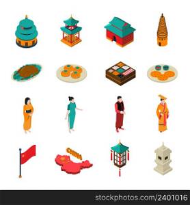 China isometric touristic set with traditional architecture symbols cuisine and people wearing national costumes isolated on white background vector illusration. China Isometric Touristic Set