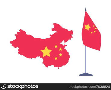 China map and national flag on stick, republic element for presentation, emblem decoration, state region in flat design style, banner and area vector. Area and Flag, China State, Presentation Vector