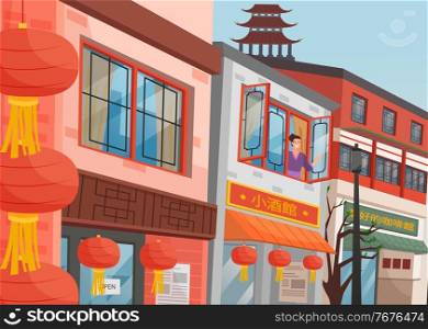 China street with traditional buildings. Chinese woman in the window. Chinese red lanterns. Open Asian shops and pagodas. Shop signs in the eastern language. Authentic flat style illustration. Chinese street, oriental woman at the window. Red chinese lanterns. Shopping Asian street with shops