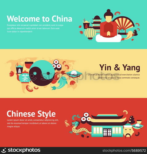 China travel asian traditional culture chinese style symbols banner set isolated vector illustration