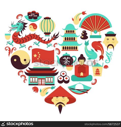 China travel asian traditional culture symbols in heart shape vector illustration