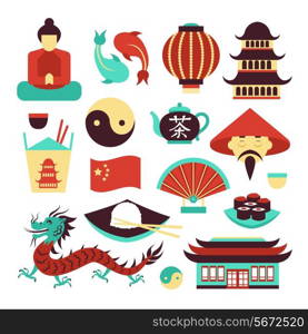 China travel asian traditional culture symbols set isolated vector illustration