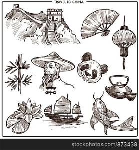 China travel symbols and tourism destination sketch landmarks. Vector Chinese great wall, panda in bamboo or golden fish and noodle food or traditional lantern and Chinese man. China travel symbols and vector sketch landmarks