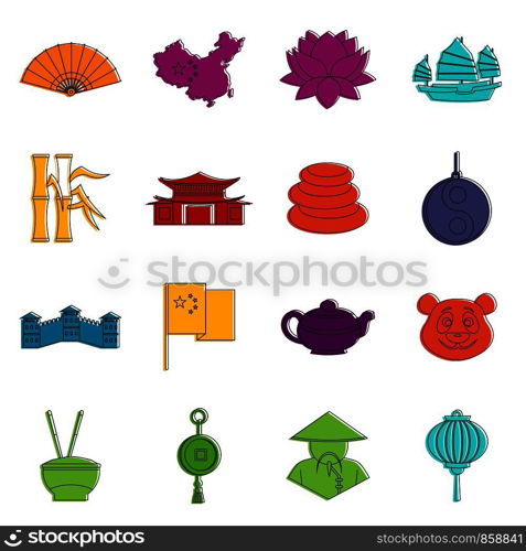 China travel symbols icons set. Doodle illustration of vector icons isolated on white background for any web design. China travel symbols icons doodle set