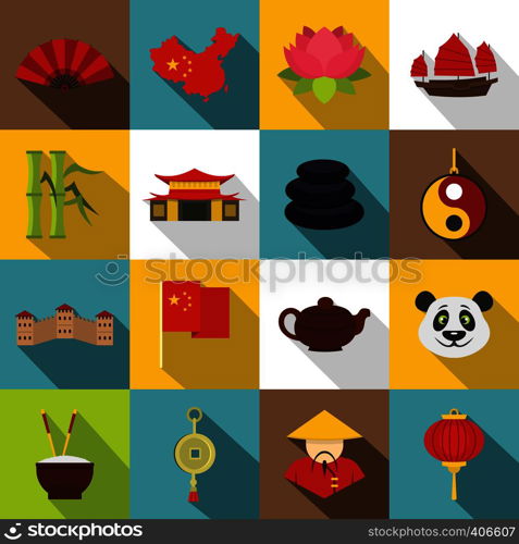 China travel symbols icons set. Flat illustration of 16 China travel symbols vector icons for web. China travel symbols icons set, flat style
