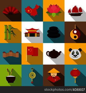 China travel symbols icons set. Flat illustration of 16 China travel symbols vector icons for web. China travel symbols icons set, flat style