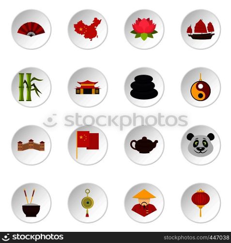 China travel symbols icons set in flat style isolated vector icons set illustration. China travel symbols icons set in flat style