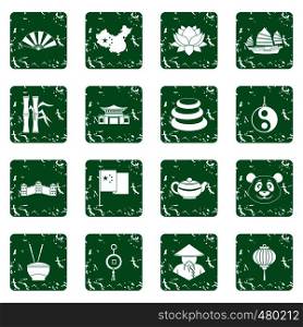 China travel symbols icons set in grunge style green isolated vector illustration. China travel symbols icons set grunge