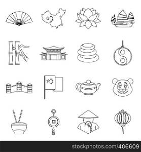 China travel symbols icons set. Outline illustration of 16 China travel symbols vector icons for web. China travel symbols icons set, outline style