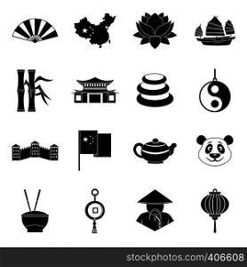 China travel symbols icons set. Simple illustration of 16 China travel symbols vector icons for web. China travel symbols icons set, simple style