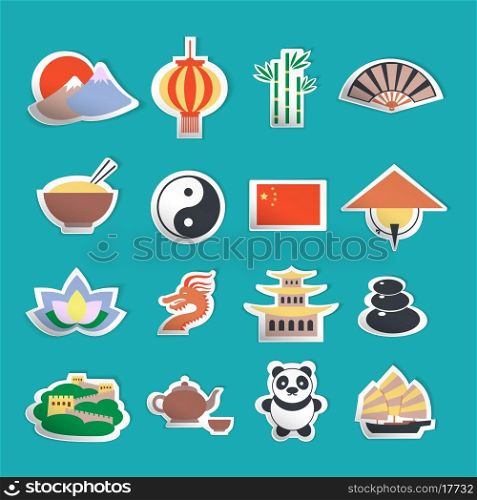 China travel traditional culture symbols stickers set isolated vector illustration