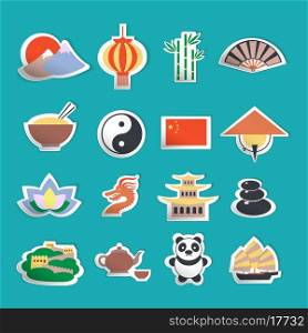 China travel traditional culture symbols stickers set isolated vector illustration