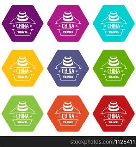 China trip icons 9 set coloful isolated on white for web. China trip icons set 9 vector