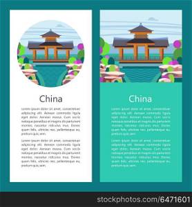 China. Vector illustration.. Magnificent, magical China. Vector illustration of emblem with place for text. Beautiful scenery, Chinese traditional houses. Rice fields, terraces.