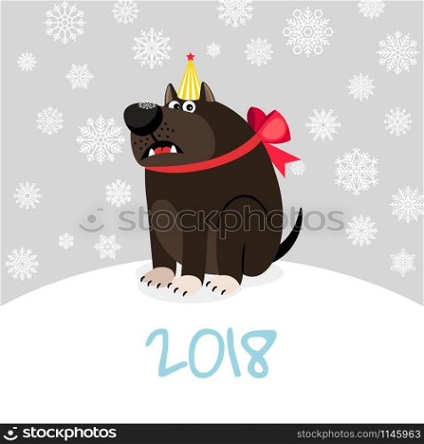 China zodiac dog happy new 2018 greeting card, big puppy with red bow vector illustration. China zodiac dog happy new card