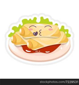 Chineese spring rolls cute kawaii vector character. Asian food with kissing face. Eastern traditional cuisine. Chineese dish with vegetables. Funny emoji, emoticon. Isolated cartoon color illustration. Chineese spring rolls cute kawaii vector character