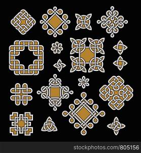 Chinese and celtic endless knots and patterns vector set. Black, white and gold decorative ornate elements illustration. Chinese and celtic endless knots and patterns vector set.