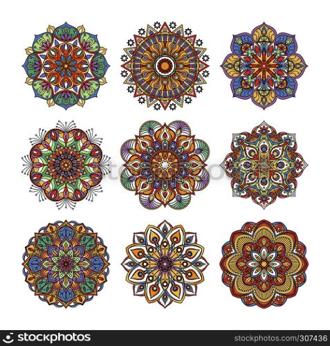 Chinese and indian floral pattern. Color indian mandalas set. Yoga illustrations isolate on white background. Flower mandala collection, ornament floral vintage mandala. Chinese and indian floral pattern. Color indian mandalas set. Yoga illustrations isolate on white background