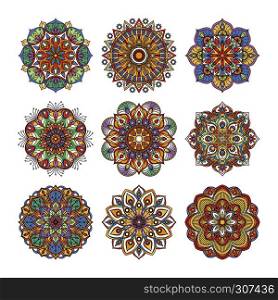 Chinese and indian floral pattern. Color indian mandalas set. Yoga illustrations isolate on white background. Flower mandala collection, ornament floral vintage mandala. Chinese and indian floral pattern. Color indian mandalas set. Yoga illustrations isolate on white background