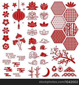 Chinese and japanese new year elements. Festive oriental asian style. Red cloud, flowers and moon, bamboo and sakura, lotus leaves vector traditional decoration pattern collection. Chinese new year elements. Festive oriental asian style. Red cloud, flowers and moon, bamboo and sakura, lotus leaves vector collection
