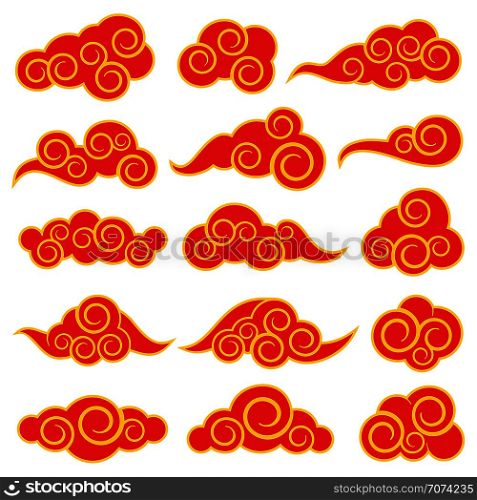Chinese and japanese style red clouds. Vector collection of cloud oriental style illustration. Chinese and japanese style red clouds
