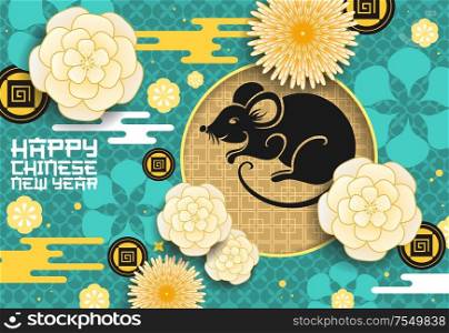 Chinese animal zodiac rat with papercut flowers, Lunar New Year vector design. Horoscope mouse black silhouette with golden coins, plum blossom and chrysanthemums on background with Asian ornament. Zodiac rat with Chinese New Year papercut flowers