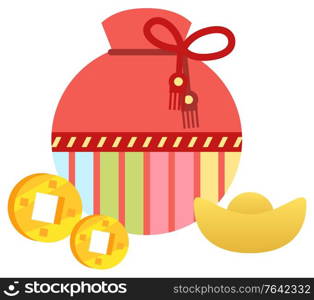 Chinese bag for luck vector, isolated fabric sac with traditional colors and ornaments. Oriental style of design. China elements and cookies with prediction, golden coins. Success and happiness signs. Fortune Bag with Cookies and Golden Coins Vector