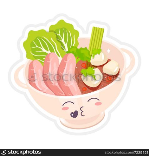 Chinese beef noodle soup cute kawaii vector character. Ramen bowl with kissing face. Asian traditional dish. Meat with vegetables. Funny emoji, emoticon. Isolated cartoon color illustration. Chinese beef noodle soup cute kawaii vector character