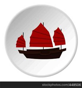 Chinese boat with red sails icon in flat circle isolated vector illustration for web. Chinese boat with red sails icon circle
