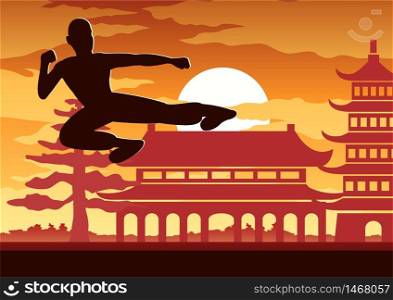 Chinese Boxing Kung Fu martial art famous sport,monk Train to fight,around with Chinese temple,sunset silhouette design