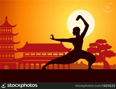 Chinese Boxing Kung Fu martial art famous sport,monk Train to fight,around with China landmarks,sunset silhouette design