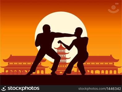 Chinese Boxing Kung Fu martial art famous sport,two boxer fight together around with Chinese temple,sunset silhouette design