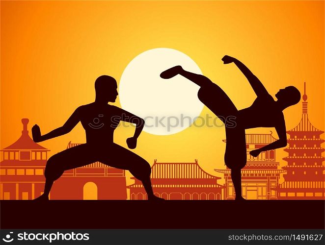 Chinese Boxing Kung Fu martial art famous sport,two boxer fight together around with china landmarks,sunset silhouette design