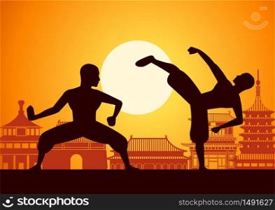 Chinese Boxing Kung Fu martial art famous sport,two boxer fight together around with china landmarks,sunset silhouette design