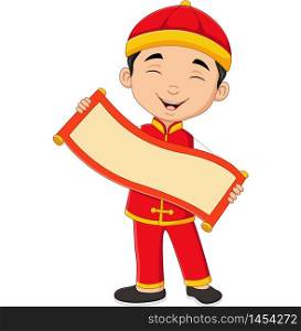 Chinese boy holding blank scroll banner