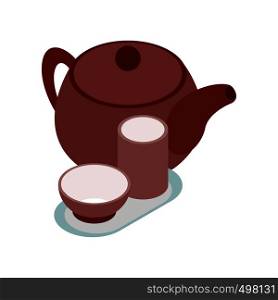 Chinese brown teapot and teacups icon in isometric 3d style on a white background. Chinese brown teapot and teacups icon