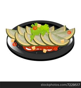 Chinese century egg color icon. Asian dish on black plate. Eastern traditional cuisine. Delicacy food with seasoning. Green dumplings with meat and vegetables. Isolated vector illustration. Chinese century egg color icon