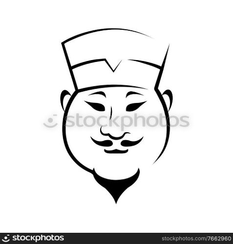 Chinese chef contour vector illustration. Japanese restaurant logo design idea. Traditional cuisine, culinary isolated emblem, badge. Cook chef with mustache and beard outline character. Chinese chef contour vector illustration