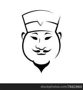 Chinese chef contour vector illustration. Japanese restaurant logo design idea. Traditional cuisine, culinary isolated emblem, badge. Cook chef with mustache and beard outline character. Chinese chef contour vector illustration