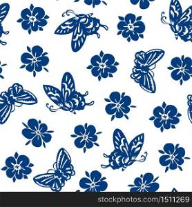 Chinese Classic Blue Traditional Paper Cutting or Porcelain Seamless Pattern. Butterfly & Floral Pattern.