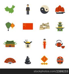 Chinese clothing historical landmarks and national symbols flat icons collection with yin yang abstract isolated vector illustration. Chinese Culture Symbols Flat Icons Set